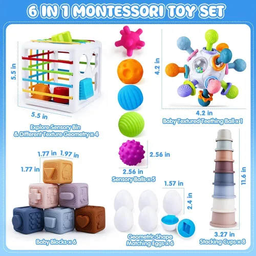 Vista 6 de Juguetes 6 en 1 para bebés de 6 a 12 meses, juguete Montessori para niños de 1 año, juguete de dentición para bebés, apilar tazas, cubo sensorial
