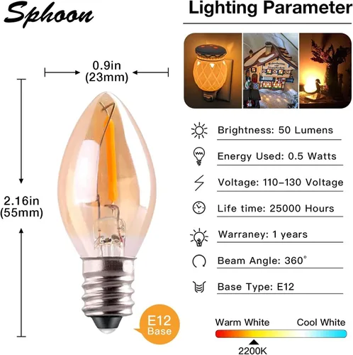 Vista 2 de Bombilla nocturna LED C7, base de vela estilo Edison clásico E12, bombilla de filamento LED de 0.5 W, bombilla de repuesto de luz de letrero
