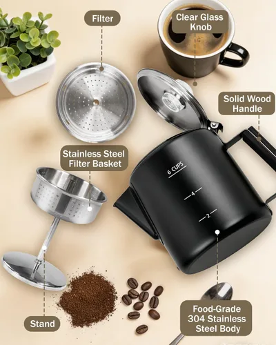 Vista 8 de Cafetera Percoladora de acero inoxidable 304, estufa de olla fácil de preparar y calentar uniformemente, 6 tazas 33.8 onzas, 33.8 fl oz, diseño