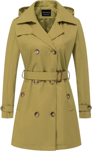 Vista 9 de CREATMO US Gabardina para mujer con doble botonadura clásica con solapa, con cinturón y capucha desmontable Albaricoque