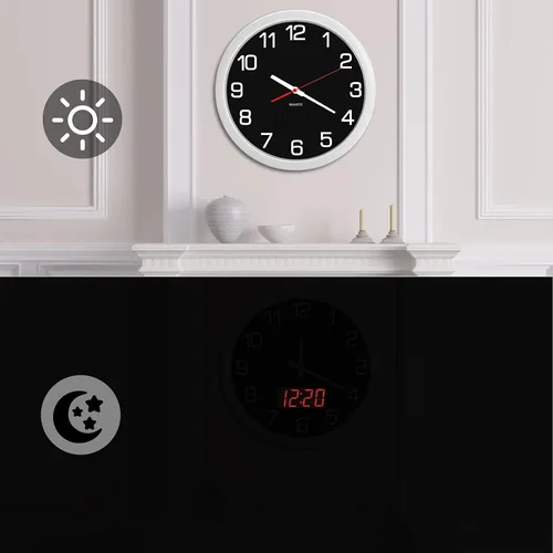Vista 23 de Reloj de pared analógico de 12 pulgadas, silencioso, sin tictac, reloj de pared grande de cuarzo con LED nocturno, reloj de pared decorativo a