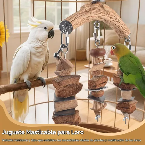 Vista 5 de DBNESS - Juguetes de loros para pájaros, colgantes medianos y grandes, bloques de madera para masticar con jaula de masticar natural de acero