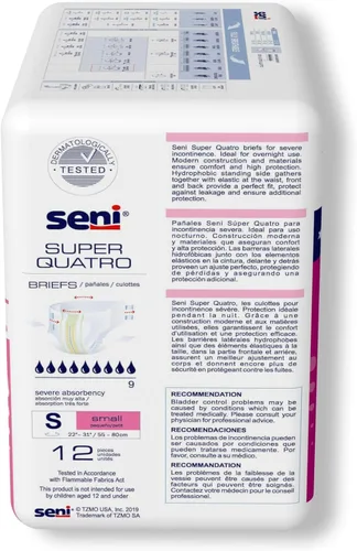 Vista 8 de Seni Super Quatro - Calzoncillos unisex para incontinencia adulta con pestañas, talla pequeña (55,9-81,3 cm), 12 unidades (1 paquete de 12)