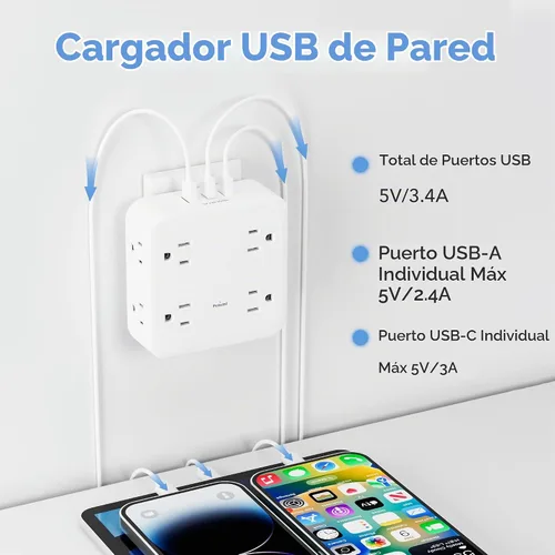 Vista 4 de BN-LINK Extensor de toma de corriente múltiple con 8 tomas, 3 puertos USB (1 USB C), protector de sobretensiones de 800 julios, divisor de enchufe