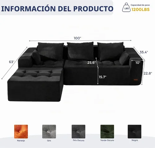 Vista 2 de MAXYOYO - Sofá modular modular en forma de L, sofá de nube sin hueso con otomana flexible, tapizado de felpilla para sala de estar, no requiere Negro