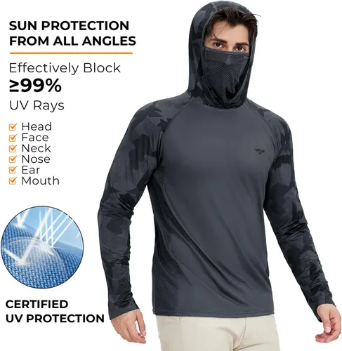 Vista 2 de Rodeel - Camisa de pesca para hombre con manga larga, UPF 50+, rendimiento de alto rendimiento para senderismo, con máscara, protección UV