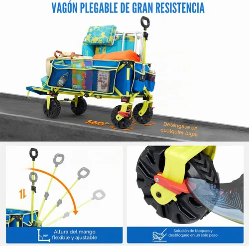 Vista 3 de Old Bahama Bay Carro de Playa Extra Largo de 300lbs 124 cm de Largo con Ruedas Grandes con Freno para Arena, Carro de Playa Plegable Utilitario