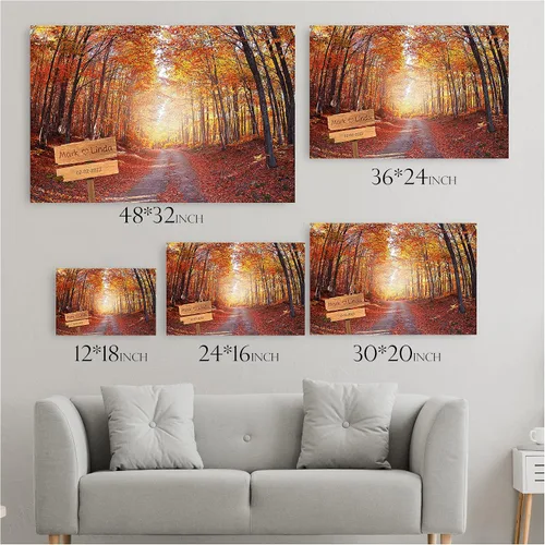 Vista 5 de Autumn Path - Lienzo personalizado o impresión fotográfica y obra de arte enmarcada con nombres de pareja, fecha especial en impresiones, gran