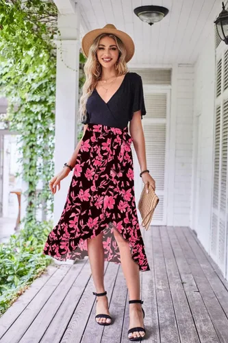Vista 3 de Vestido largo de manga corta con cuello en V para mujer, con volantes, dobladillo dividido, bohemio, estampado floral, cintura con lazo