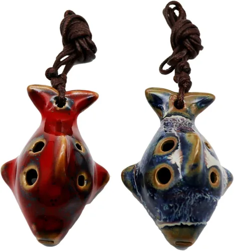 Vista 7 de 6 agujeros, Ocarina en forma de pez, Ocarina Alto C, Ocarinas de cerámica en Do mayor, instrumento de 2 piezas, cerámica roja y azul, decoración