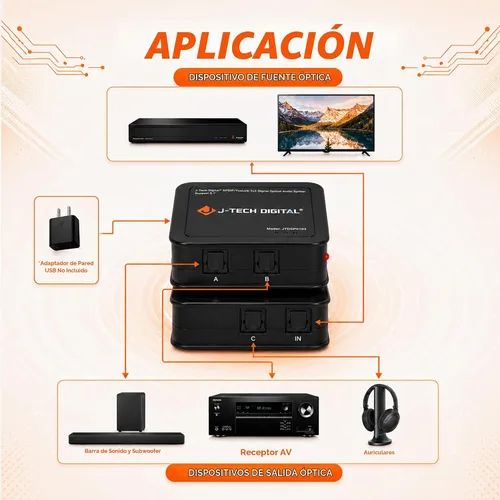 Vista 3 de J-Tech Digital Interruptor digital premium de señal de fibra óptica a audio SPDIF, con conexión TOSLINK, con control remoto