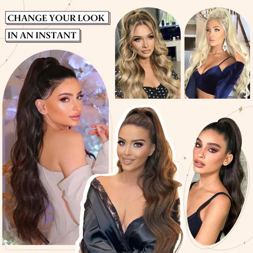 Vista 8 de Extensiones de cabello sintético ondulado con cordón para cola de caballo de 26 pulgadas, para mujer, castaño medio ceniza, rubio ceniza