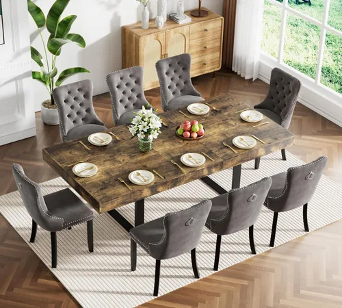 Vista 40 de Juego de mesa de comedor extensible marrón de 63 a 78.74 pulgadas para 4, juego de mesa de comedor de 5 piezas con 4 sillas tapizadas, mesa