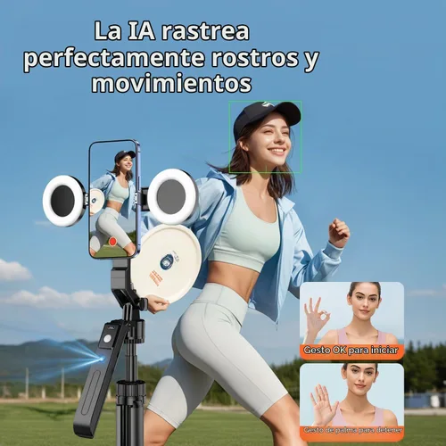 Vista 2 de Trípode de seguimiento facial automático de 70.9 pulgadas, rotación de 360° con luces, sensor de movimiento, trípode para teléfono, palo para selfie