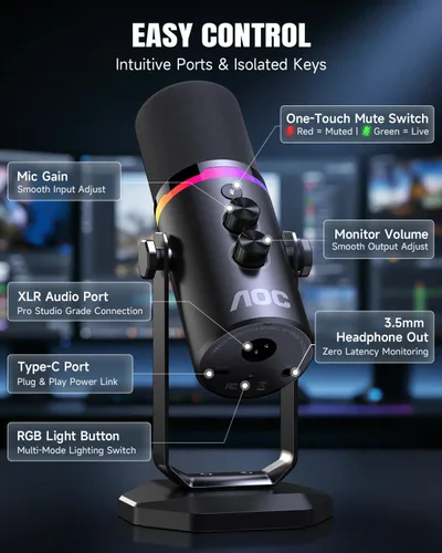 Vista 5 de AOC Micrófono dinámico USB/XLR para juegos de PC, podcast y grabación, micrófono RGB de modo dual y equipo vocal de transmisión con soporte