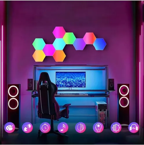 Vista 5 de ODISTAR Lámpara de pared hexagonal con control remoto, inteligente, sensible al tacto, geométrica, modular, RGB montada, luz colorida con Paquete