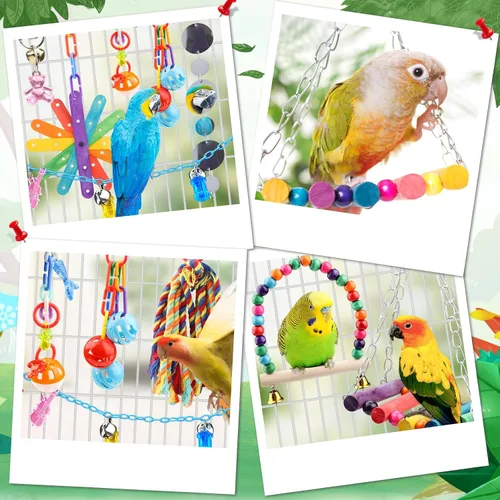 Vista 6 de QUOZUO 9 piezas de juguetes para pájaros de cacatúa, accesorios de jaula de loros, cuerda de columpio, juguete de masticación de perca de madera