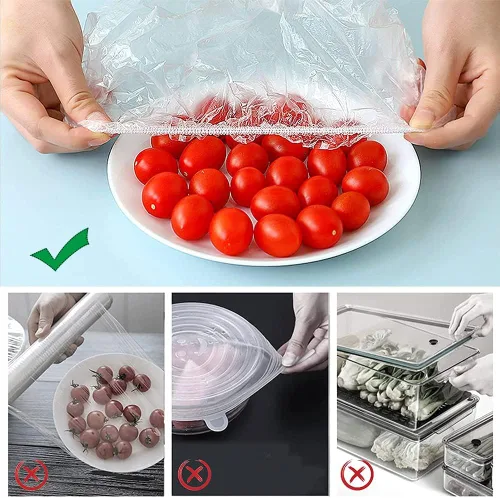 Vista 6 de AKOAK Bolsas desechables para almacenamiento de alimentos (aproximadamente 200), película adhesiva, reutilizables, tapa elástica de plástico