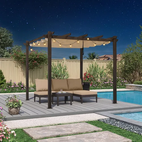 Vista 29 de PURPLE LEAF Pérgola de 10 x 12 pies con toldo retráctil, pérgola cuadrada de bronce de aluminio para patio al aire libre, junto a la piscina, beige