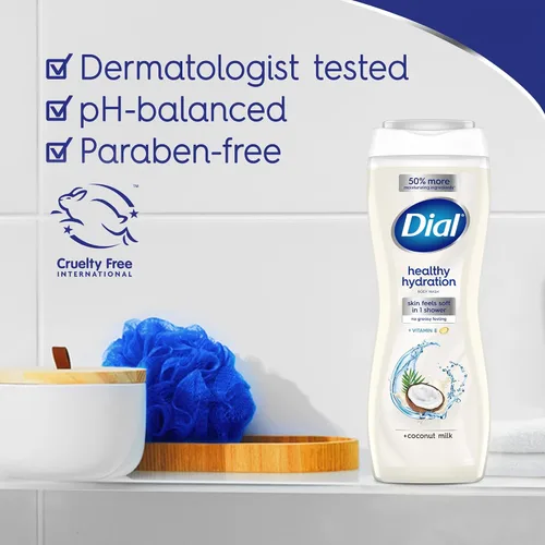 Vista 5 de Dial Gel de Ducha, Hidratación Saludable, Leche de Coco + Vitamina E, 16 onzas líquidas (Paquete de 4), Suave, Deja la Piel Suave en 1 Ducha