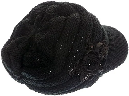 Vista 95 de C-US - Gorro de punto cálido para mujer, con visera de ganchillo con acento de flores