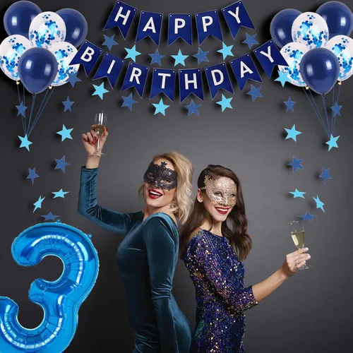 Vista 5 de Decoraciones de fiesta de cumpleaños azul número 12 para niños y niñas, suministros de globos de cumpleaños feliz número 12 con pancarta de feliz