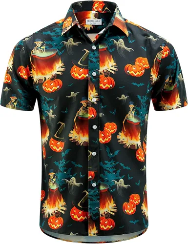 Vista 2 de J&DHUASHA Camisa de Halloween para hombre, diseño de calabazas divertidas, manga corta, con botones, hawaiana