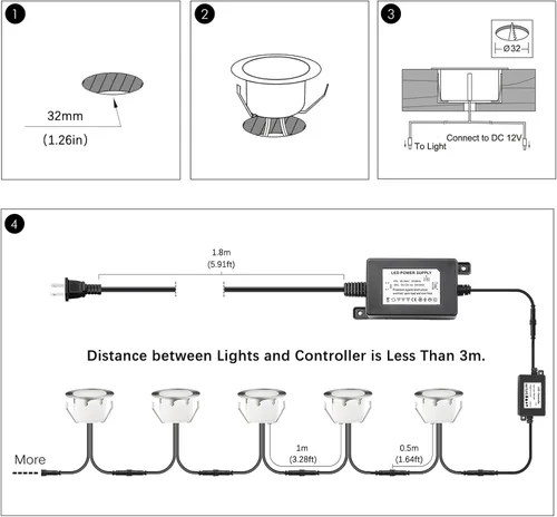 Vista 6 de Kit de luces LED que cambian de color con transformador y control remoto, paquete de 10 luces IP67 impermeables Φ1.77 pulgadas, 12 V, bajo voltaje
