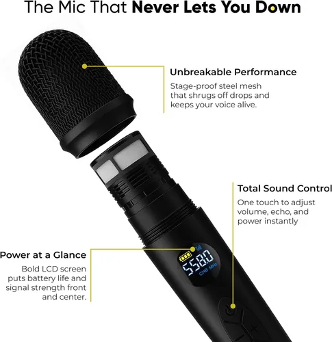 Vista 5 de Sistema de Micrófono Inalámbrico Bowens – Micrófono Inalámbrico para Karaoke con Receptor, Control de Eco, Pantalla LCD, Carga USB-C, Adaptador