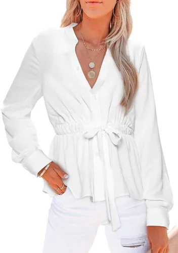 Vista 5 de Dokotoo Camisas de manga larga con botones para mujer, cuello en V, péplum, con lazo en la cintura, blusas casuales de trabajo