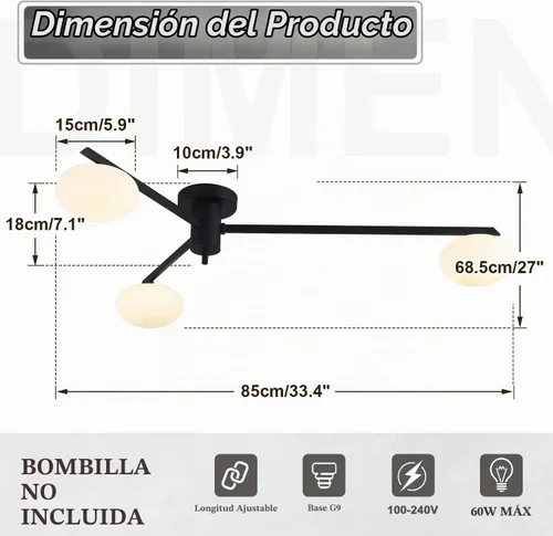 Vista 4 de Lámpara de araña moderna Sputnik de 3 luces con pantalla de vidrio lechoso - Lámpara de techo empotrada negra para cocina