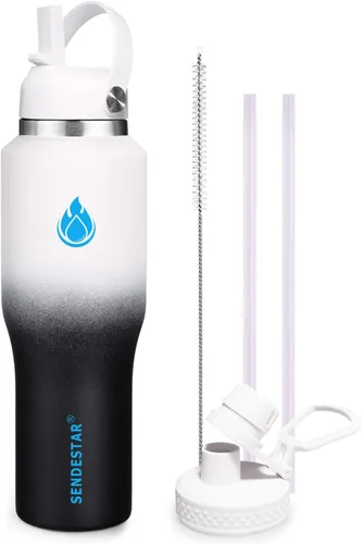 Vista 30 de SENDESTAR - Botella de agua de 0,9 L, 2 tapas (tapa con pajita), boca ancha de acero inoxidable aislada al vacío, doble pared, mantiene los líquidos