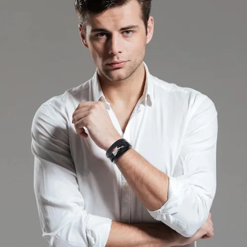 Vista 5 de Long tiantian Pulsera envolvente de cuero para hombres, pulseras de cuero multicapa punk de cuero trenzado para novio, marido, regalos, otro