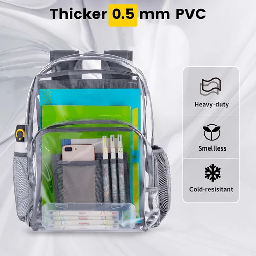 Vista 3 de Vorspack Mochila transparente resistente - Mochila transparente de PVC grande para libros para trabajo universitario, Gris, Transparente
