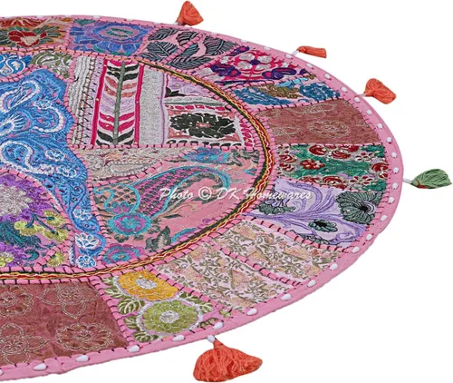 Vista 4 de Cojín de suelo bohemio indio, grande, color rosa bebé, 32 pulgadas, para yoga, reposapiés, decoración del hogar, bordado, vintage, algodón, redondo