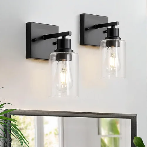 Vista 11 de Paquete de 2 lámparas de pared para sala de estar, luces de tocador de oro cepillado con pantalla de cristal, apliques de pared modernos de granja
