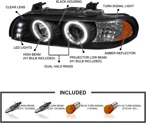 Vista 3 de SPEC-D TUNING - Faros delanteros LED de doble proyector de ojos de ángel, color negro, compatible con modelos BMW E39 serie 5 1996-2003 sin faros