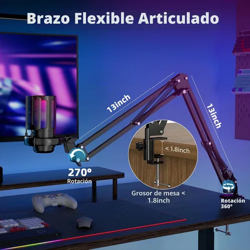 Vista 6 de Micrófono USB para juegos para PC, kit de micrófono de podcast para transmisión, micrófono de condensador con silencio rápido, brazo articulado