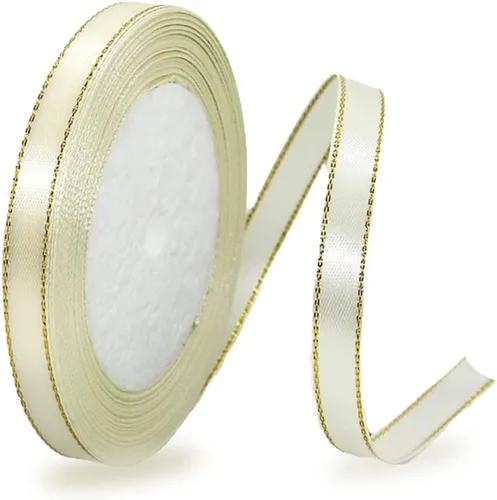Vista 13 de Cintas de satén beige de 1 pulgada x 25 yardas, cinta de tela con bordes dorados para envolver regalos, manualidades, ramos florales, lazos