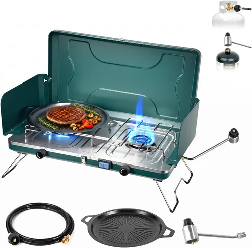 Vista 12 de Estufa de camping portátil de combustible dual Propane or Butane, 10,000 BTU, Automatic Ignition, Carrying Case & Windblocker, Emergency