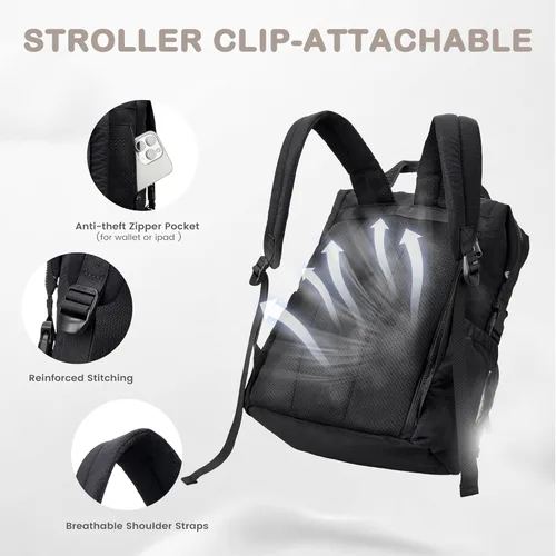 Vista 6 de VONAL Mochila de pañales, bolsas de pañales para bebés ligeras, bolsa de pañales grande para viajes con cambiador, mochila de pañales negra