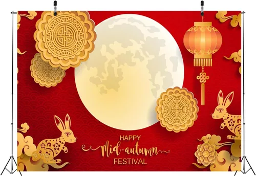 Vista 4 de BELECO Telón de fondo de tela de 5 x 3 pies para festival de mediados de otoño, día de mediados de otoño, escena de luna llena, linternas rojas