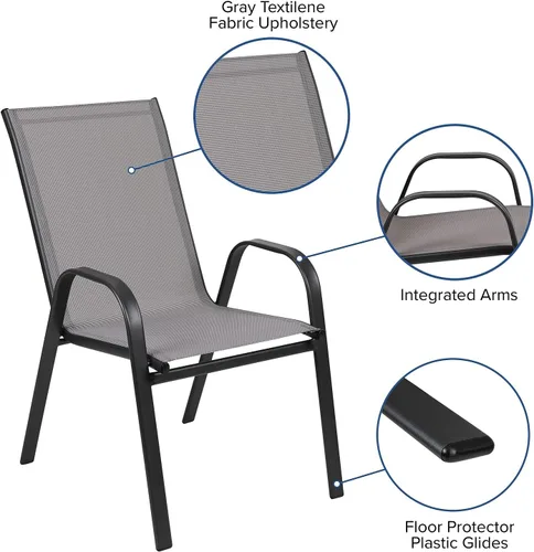 Vista 4 de Flash Furniture Brazos - Juego de comedor para patio al aire libre de 3 piezas, 2 sillas apilables flexibles color gris, mesa redonda de vidrio
