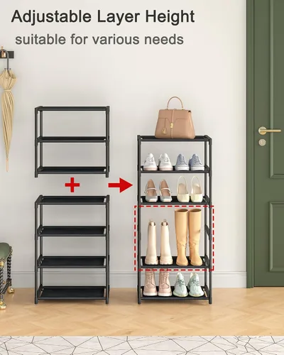 Vista 5 de HITHIM Zapatero pequeño de 3 niveles, organizador de zapatos apilable estrecho, soporte para zapatos resistente, zapatero de metal de tela no tejida
