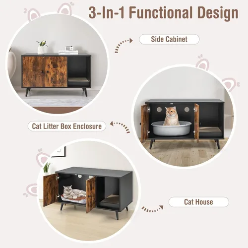 Vista 8 de Tangkula Caja de arena para gatos, baño para gatos con división, almohadilla para rascar, pata de metal, gabinete cerrado para mascotas con puertas