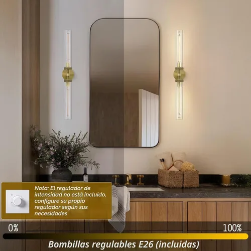 Vista 7 de Lámparas de Pared de Latón Dorado de 2 Luces con Textura Estriada, Lámparas de Pared de Vidrio Doble de 30 Pulgadas, Lámparas de Pared para Tocador