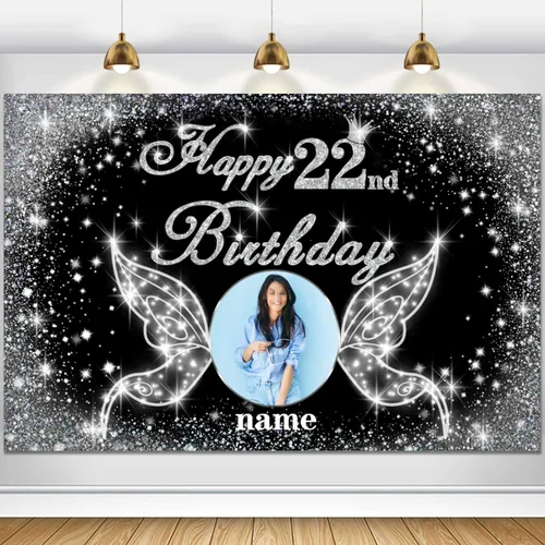 Vista 26 de Cartel personalizado de decoración de fiesta de cumpleaños número 100 - tema de alas de ángel - negro y plateado HY-NLK-100º