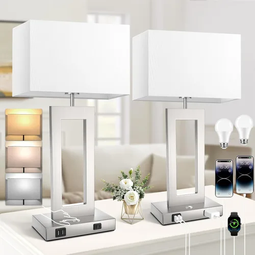 Vista 13 de Kondras Juego de 2 lámparas de mesa para dormitorios, 3 temperaturas de color, control táctil, lámparas de noche con 2 puertos USB y salida de CA
