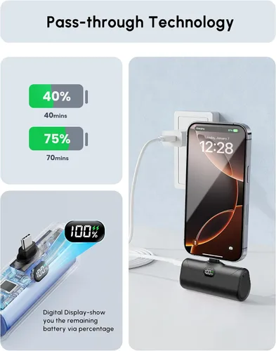 Vista 7 de Pequeño banco de energía USB C con soporte plegable para iPhone 17/Samsung Galaxy S25, cargador portátil del tamaño de la palma cargador de batería