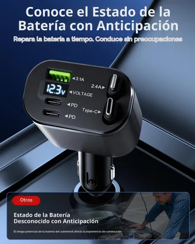 Vista 5 de Cargador de coche rápido 5 en 1 con puertos USB-A y USB-C, carga de alta velocidad de 75 W, cables retráctiles USB-C y Lightning, compatible